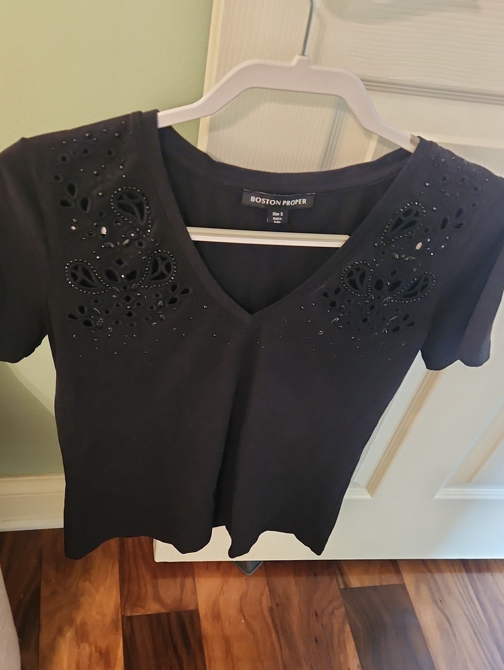 Boston Proper Black Short-Sleeve V-Neck Top with Cutout Embellishments